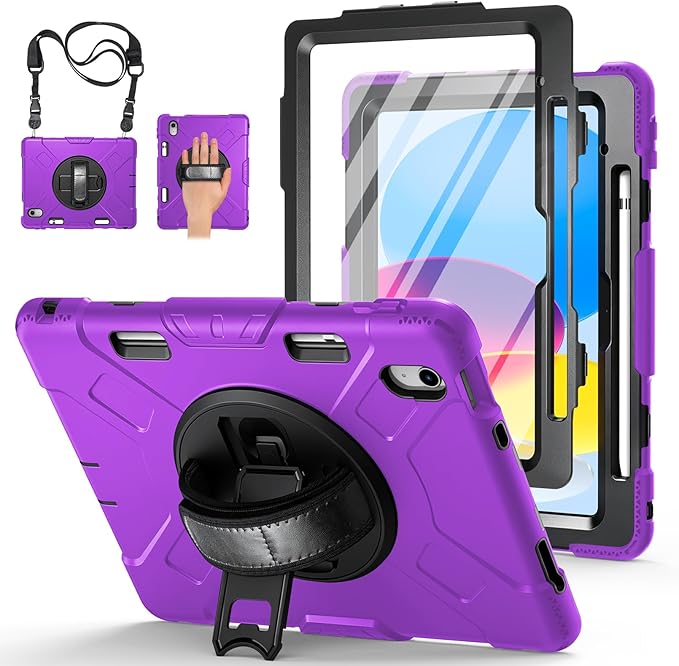 Case for iPad (A16) 11th/10th Generation Case: Protective Cover for iPad 11th Gen 11 Inch 2025 &10th Gen 10.9" 2022 with Screen Protector- Stand- Shoulder Strap- Handle- Pencil Holder-Black+Purple