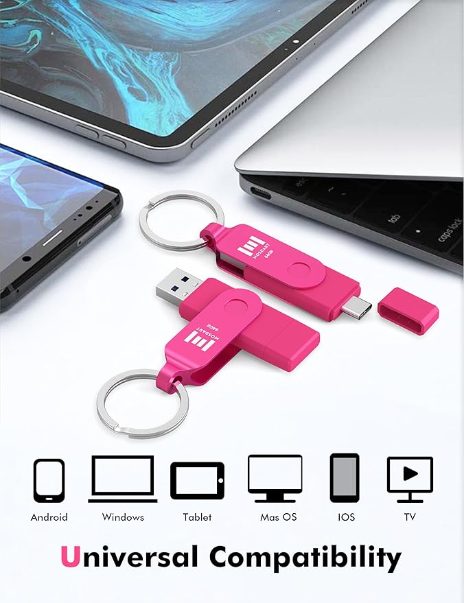 MOSDART 64GB Dual USB 3.2 Type-C Flash Drive, 150MB/S Thumb Drive with Keychain and LED Light, exFAT Memory Stick for iPhone 15, 16 and 17, iPad, Android Phone, MacBook, Laptop, Hot Pink