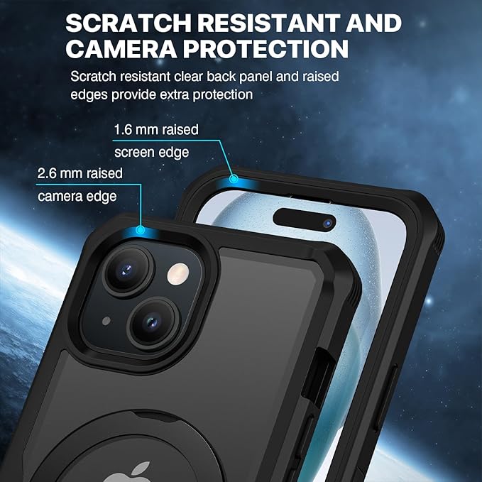 CENHUFO Privacy for iPhone 15 Plus Case, Full Body Phone Case [Compatible with Magsafe] Built-in 9H Tempered Glass Privacy Screen Protector and Magnetic Ring Stand, Clear Camera Lens Cover - Black