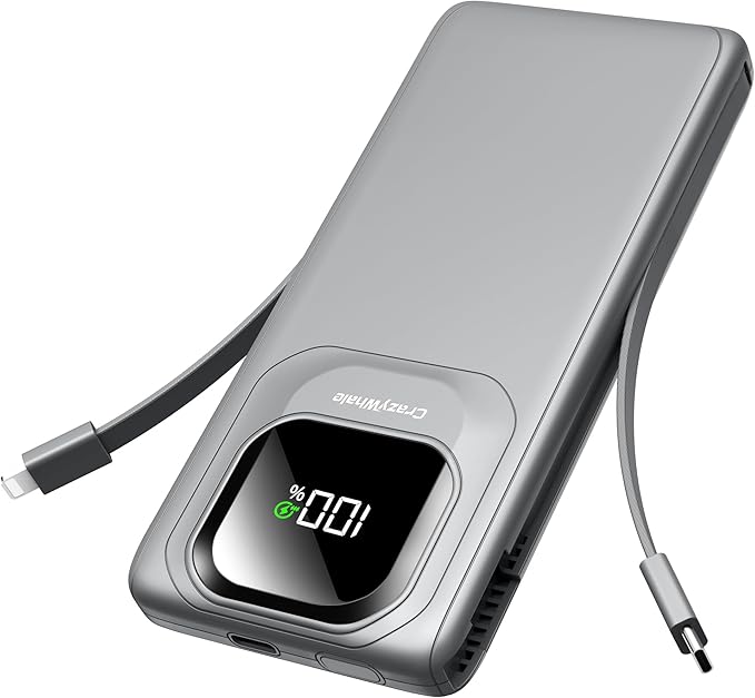 Portable Charger Power Bank with Built-in Type C Cables, 22.5W Fast Charging 10000mAh Phone Charger, Travel Battery Pack Slim Battery Bank with Smart LED Display for iPhone, Android & USB-C-Gray