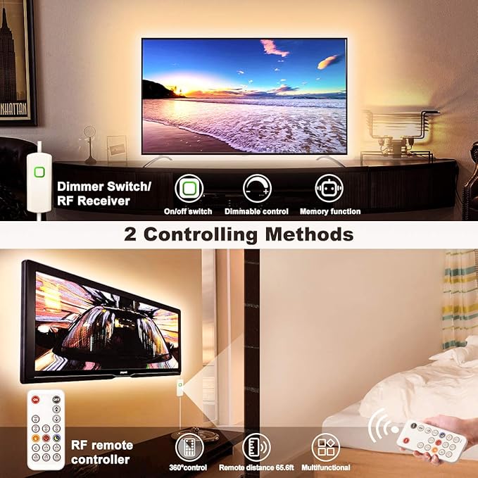 MY BEAUTY LIGHT LED Strip Lights Warm White,32.8ft Dimmable LED Light Strip with RF Remote,600 Bright 3000K 2835 LEDs,Plug-in Adhesive Rope Lights with Timing Mode for Living Room Bedroom Kitchen