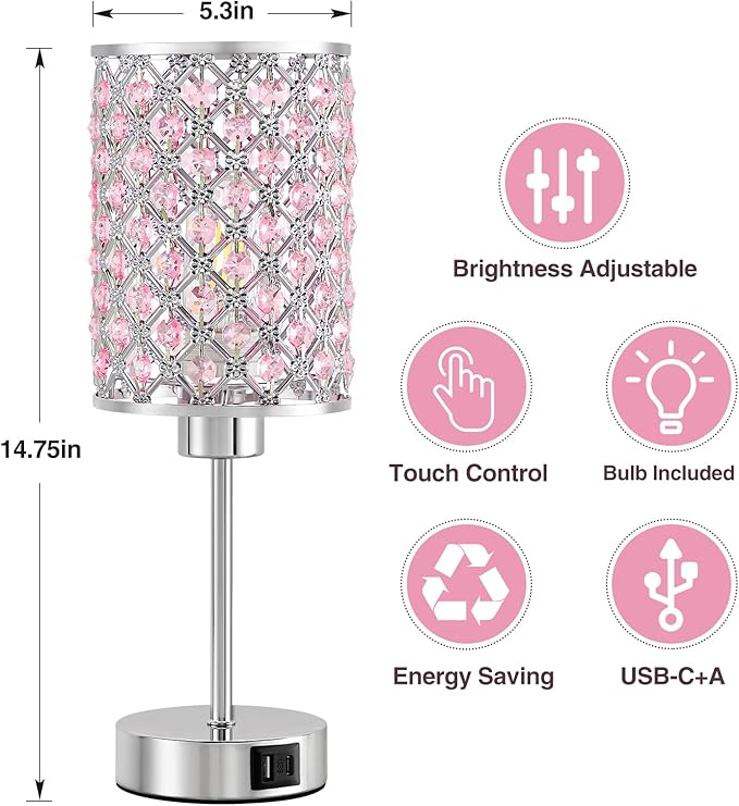GyroVu Crystal Table Lamp, Pink Touch Lamp with USB C+A Ports, Dimmable Lamp with Crystal Shade, Bedside Lamp Small Lamp for Girl Bedroom, Living Room(Buld Included)