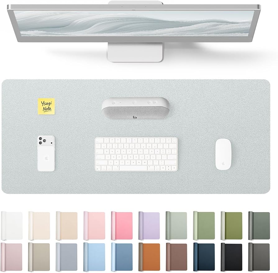 YSAGi Leather Desk Pad Protector, Office Desk Mat, Large Mouse Pad, Non-Slip PU Leather Desk Blotter, Laptop Desk Pad, Waterproof Desk Writing Pad for Office and Home (Silver, 23.6" x 13.8")