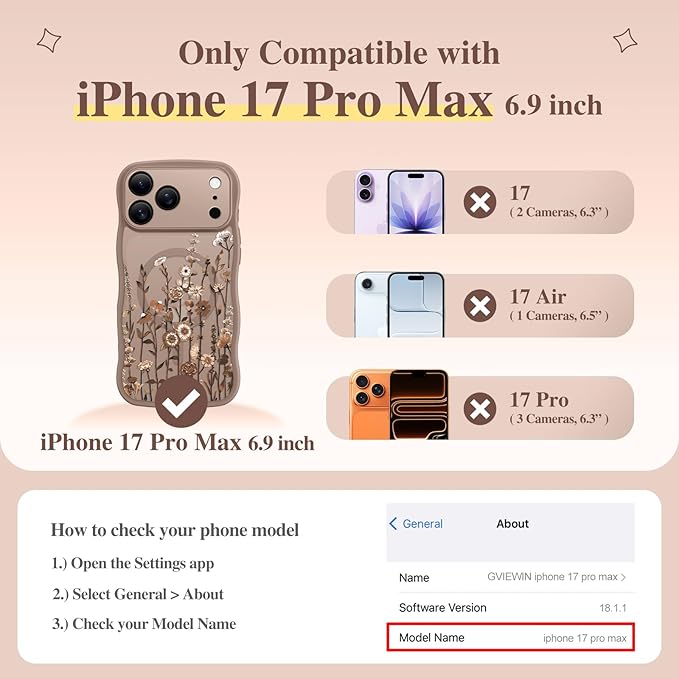 GVIEWIN for iPhone 17 Pro Max Case Compatible with MagSafe [Curly Wave Edge][Full Camera Protection] Floral Translucent Shockproof Magnetic Women Phone Case for 17 Pro Max, Floratopia/Brown