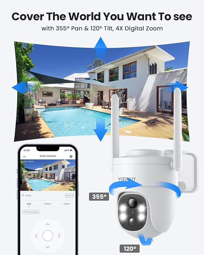 VIZIUUY Solar Security Cameras Wireless Outdoor, 3MP Pan/Tilt 360°View Solar/Battery Powered WiFi Camera with Color Night Vision/PIR Sensor/2-Way Audio/Alexa(3 Pack)
