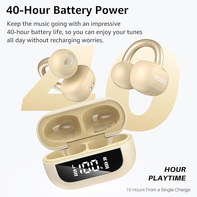 TOZO OpenEarRing True Open Ear Earbuds, Lightweight Comfort Open Ear Clip Wireless Earbuds, 40H Play Bluetooth 5.4 Headphones with Smart Digital Display Design Fit Sports Running, Workout Khaki