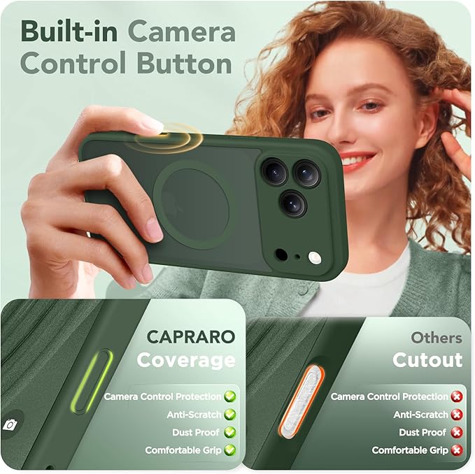 CAPRARO Magnetic for iPhone 17 Pro Case, Upgraded [Full Camera Protection] [Compatible with MagSafe] Protective Translucent Matte Women Girl Phone Case Cover, Deep Green