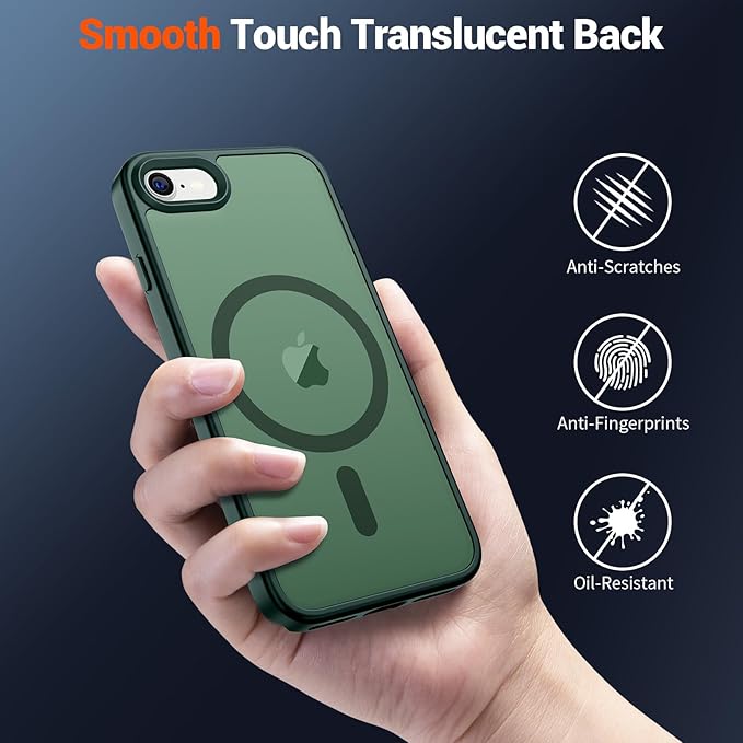 SUPFINE Magnetic for iPhone SE Case 2022 (3rd)/2020 (2nd), iPhone 8 Case (Compatible with MagSafe) (Military Grade Drop Protection) Slim Translucent Matte Phone Case, Forest Green