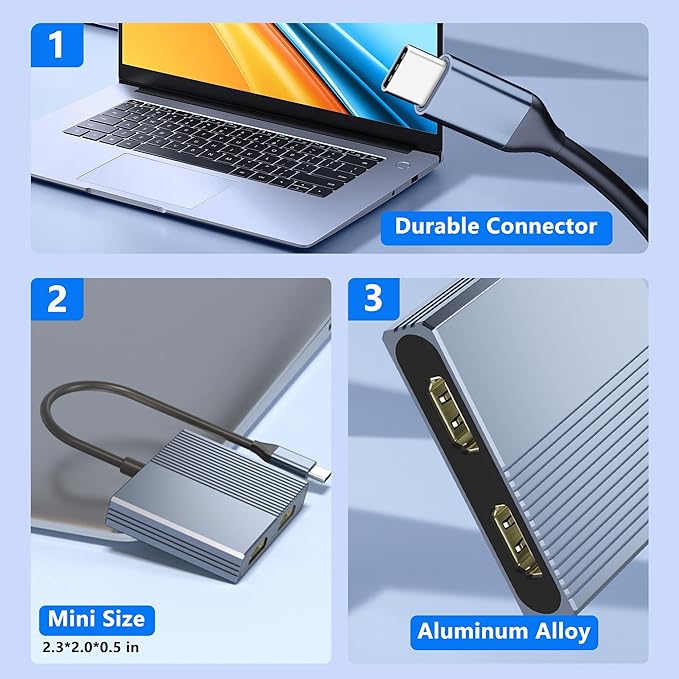 Dual HDMI Adapter for 2 Monitors, Double 4K@60Hz HDMI Splitter for dual monitors, Dual Monitor Adapter, hdmi Splitter Extended Display, USB C Laptop Docking Station Dual monitor for Dell/Mac/HP/Lenovo