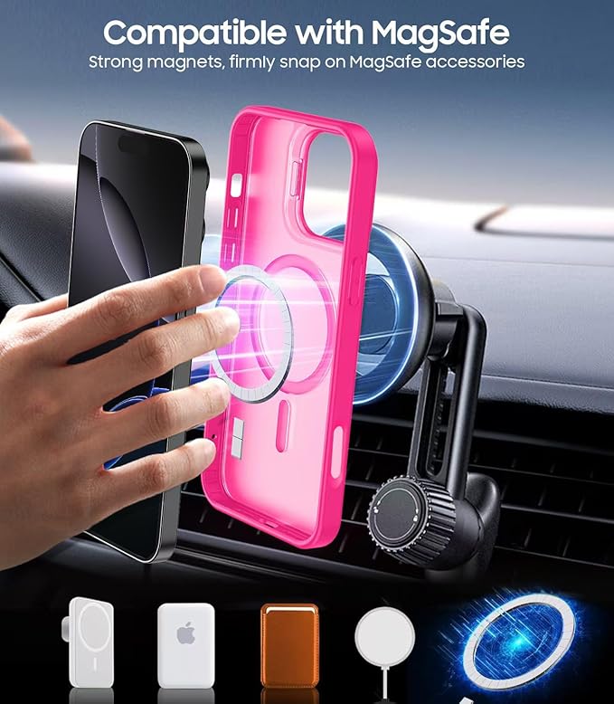 TOBOVON for iPhone 16 Pro Max Case, Compatible with MagSafe, Built-in Camera Ring Stand, with Individual Camera Cover, Translucent Matte Military-Grade Drop Protection Magnetic Case, Hot Pink