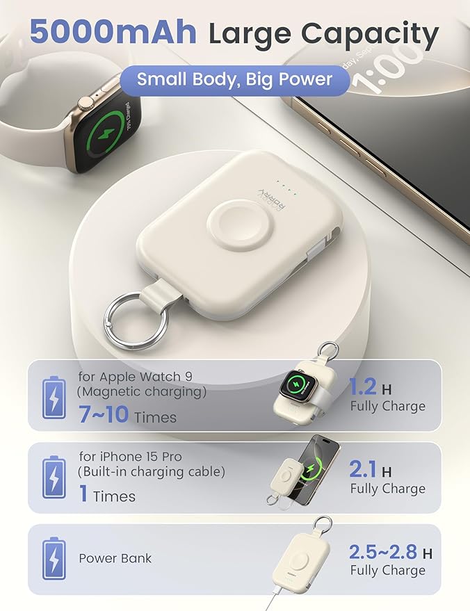 RORRY Portable Charger, 5000mAh Portable Charger Power Bank with Built-in Cables, Travel Keychain Battery Pack for Apple Watch Ultra/11/10/9/8/7/6/SE, iPhone Air/17/16/15/14/13/12, Starlight