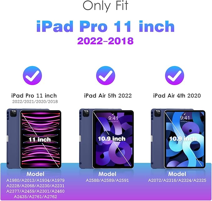 DTTO for iPad Pro 11 inch 4th/3rd/2nd/1st Generation 2022/2021/2020/2018 Case, Smart Slim Trifold Stand Soft TPU Back Cover with Built-in Pencil Holder, Also Fit iPad Air 5/4,Navy Blue