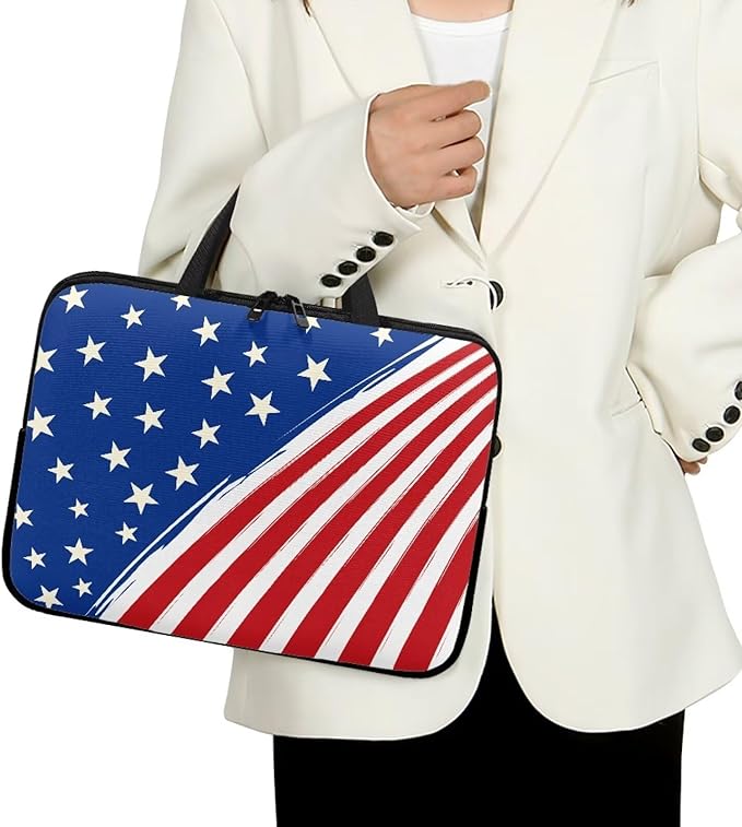 10 Inch American Flag Laptop Sleeve, Red White and Blue Laptop Cover Computer Bag Tablet Carrying Case, Zipper Tote Bags Notebook Sleeves Independence Day Gifts for Men Women