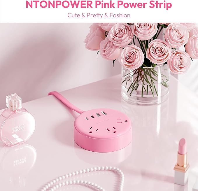 Pink 2 Prong Power Strip with USB-C, NTONPOWER 1875W/15A 2 Prong to 3 Prong Outlet Adapter, Rotating Plug,Pink Extension Cord 5 FT,3 Outlets 4 USB Port, Ideal for Old House, Vanity Desk, Office,Travel