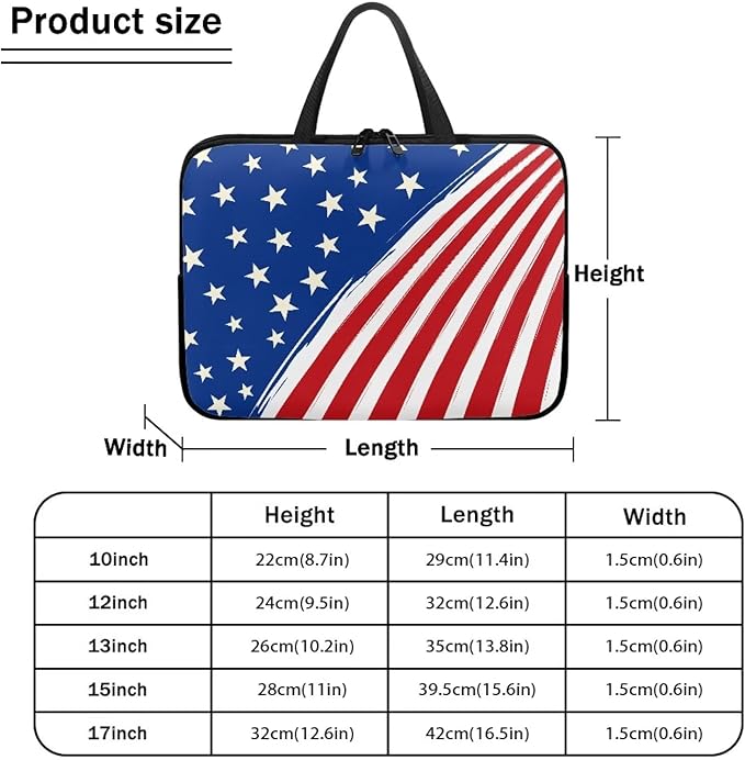 17 Inch American Flag Laptop Sleeve, Red White and Blue Laptop Cover Computer Bag Tablet Carrying Case, Zipper Tote Bags Notebook Sleeves Independence Day Gifts for Men Women