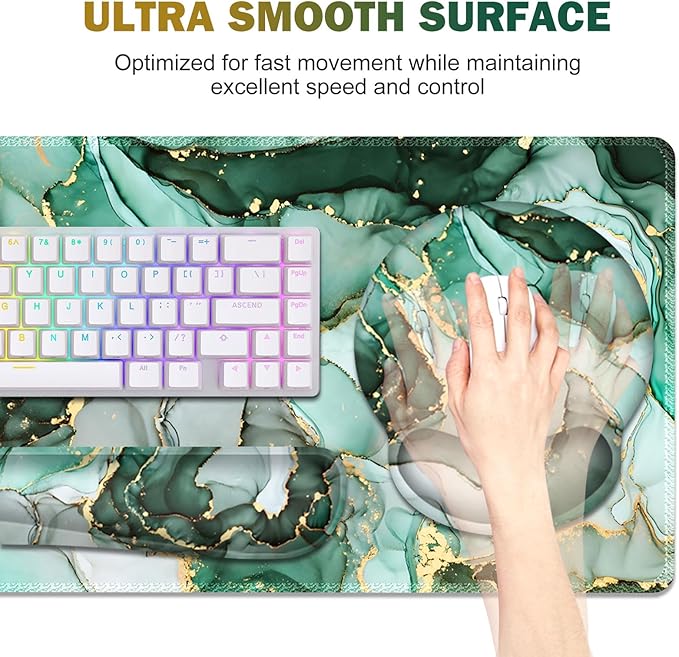 Gaming Mouse Pad, Large Desk Mat, Cute Desk Pad Protector, 4in1 XXL Mousepad + Keyboard Wrist Rest+Mouse Wrist Rest+Coaster Set with Ergonomic Desk Pad for Home Office PC Computer, Green Marble