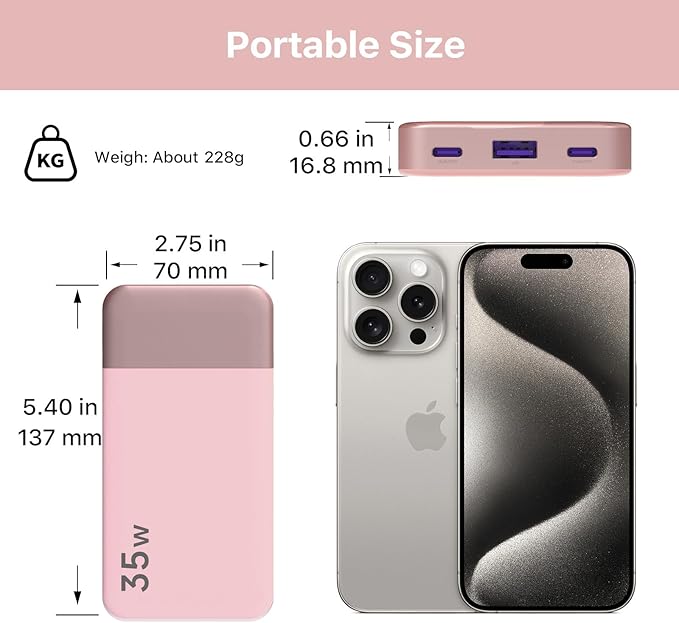 NOBIS Portable Charger, 10000mAh Power Bank Fast Charging, Battery Pack with C to C Cable, Battery Bank with Digital Display for iPhone iPad Android etc (Pink, 35W)