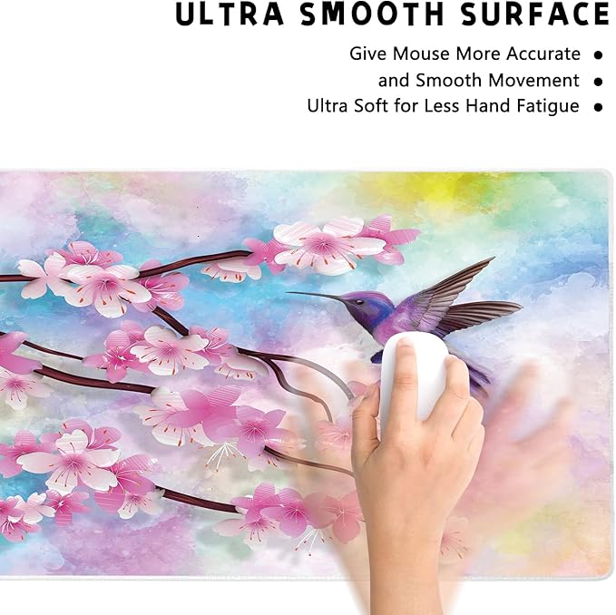 Extended Large Gaming Mouse Pad Spring Peach Blossoms and Hummingbirds XXL Size Keyboard Mouse Mat Desk Pad with Non Slip Rubber Base Stitched Edges Office Decor for Women Girls Men,35.4 x 15.7inch