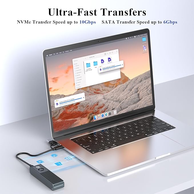 NVMe Enclosure with Cooling Fan, Tool-Free Installation,Full Aluminum Alloy, Sandwich Style Design, USB 3.2 Gen 2 PCIe Adapter for M & M+B Key NVMe/SATA M.2 SSD Case for 2230/2242/2260/2280