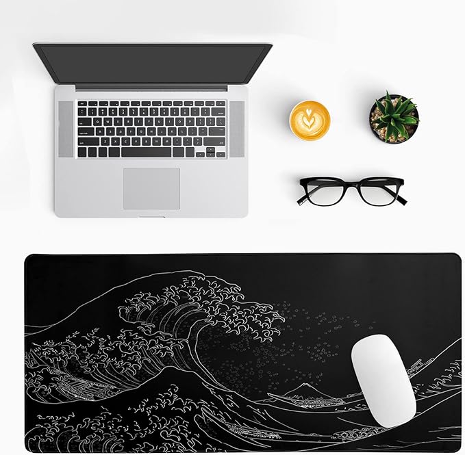 Brecoy Japanese Sea Wave Large Mouse Pad, Anime Black Gaming, Extended Kanagawa Mat Desk Pad, 3mm Thick Long Non-Slip Rubber Base Mice Pad, 31.5 X 11.8 Inch