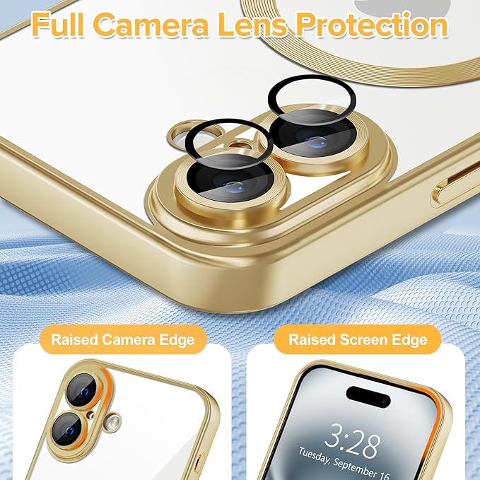 Hython Magnetic Clear for iPhone 16 Plus Case with Camera Lens Protector [Compatible with MagSafe] Luxury Plating Edge Slim Soft TPU Cover Protective Phone Case for iPhone 16 Plus, Matte Gold