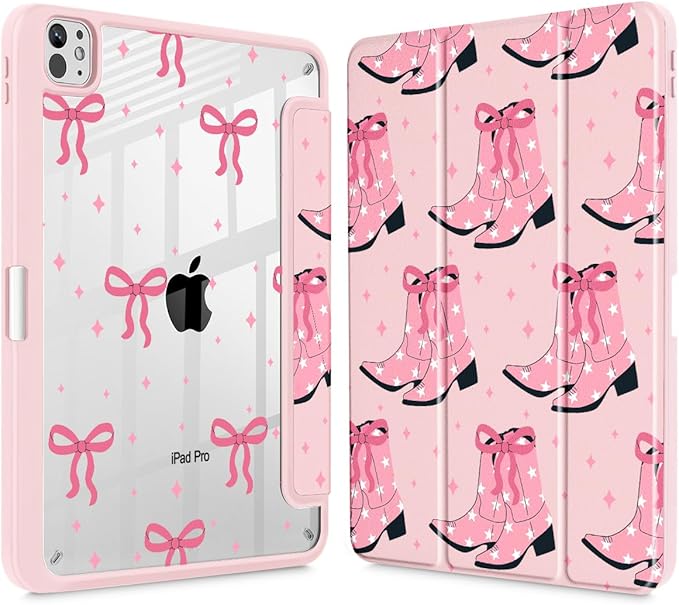 May Chen Case for iPad Pro 11-Inch M5/M4 2025/2024 (6th/5th Generation), [Penceil Holder] Trifold Stand Auto Wake/Sleep Clear TPU Protection Back Cover, Pink Boots Bows