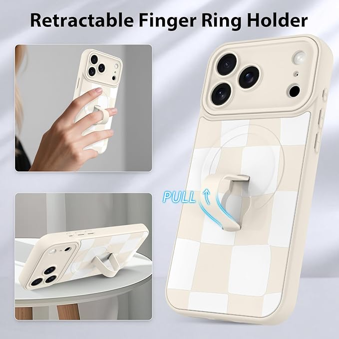 KANGHAR Compatible with iPhone 17 Pro Max Case, Support for MagSafe, Silicone Checkered Cute Pattern, Wristband Kickstand Camera Protection Soft Slim Cover for Girls Women -White