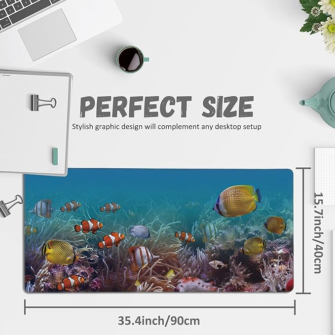Large Mouse Pad Colourful Underwater World Exotic Fishes Extended Gaming Mouse Pad Non-Slip Desk Mat with Stitched Edge Laptop Computer Keyboard Mousepad for Office Home 35.4" x 15.7"