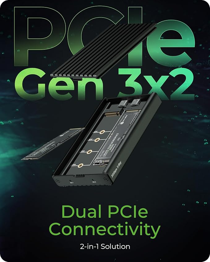 Dual M.2 NVMe SSD Enclosure, ICY BOX 20Gbps NVMe Enclosure, USB C to M2 Adapter for M Key PCIe 2230/2242/2260/2280 M.2 SSDs, Dual Bay Tool-Free Installation Aluminum SSDs Reader