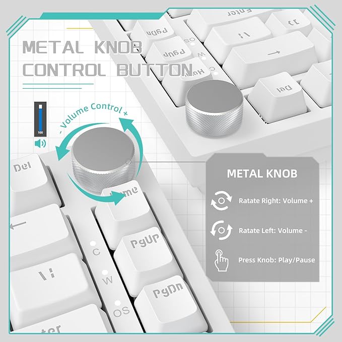 Attack Shark ajazz AK820 Wired Mechanical Gaming Keyboard with Volume Knob Hot Swappable 75% Gasket Keyboard 5-Layer Noise Absorbing Foam PBT Keycap Ice Blue Backlit Blue Switch for PC/Win/Mac-White