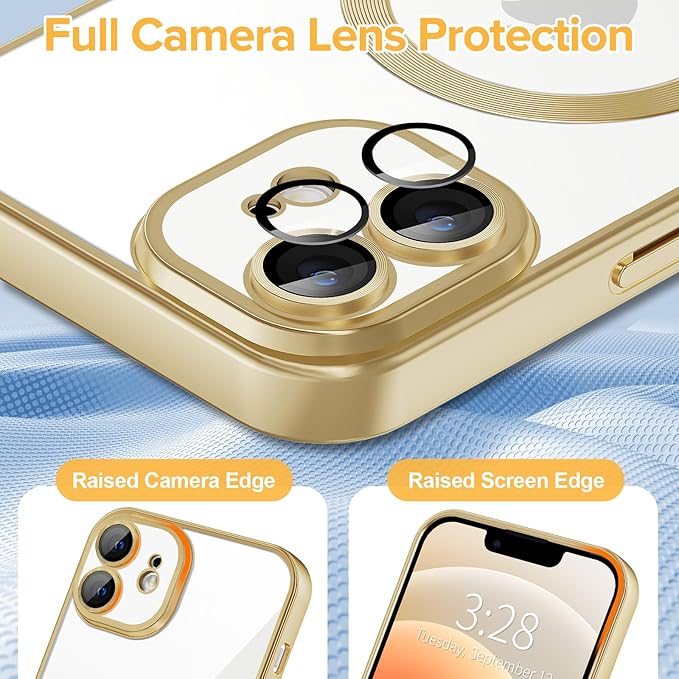 Hython Magnetic Clear for iPhone 12 Case with Camera Lens Protector [Compatible with MagSafe] Luxury Plating Edge Slim Soft TPU Cover Protective Phone Case for iPhone 12 6.1", Matte Gold