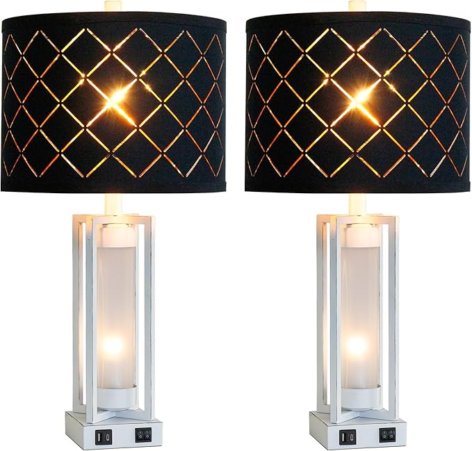 25" Set of 2 Farmhouse Table Lamps with USB C+A Ports, Rustic Retro Nightstand Lamps with White Night Light, Black Grid Shade, Desk Lamps for Bedroom Bedside, 4 Bulbs Included