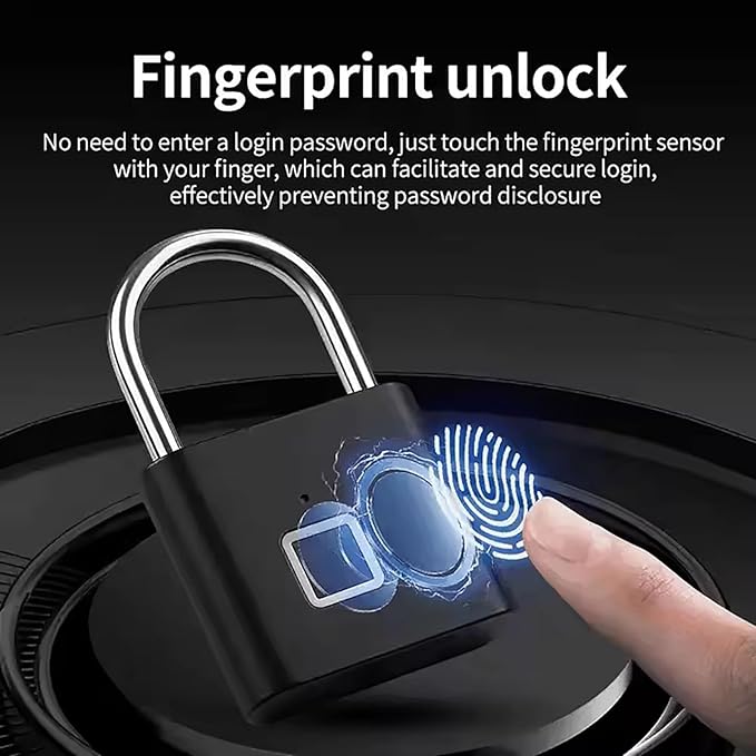 HIFAM Fingerprint Padlock, Keyless Biometric Gate Locks for Outdoor Fence Storage Gym, Smart Lock with USB Rechageable (Black)