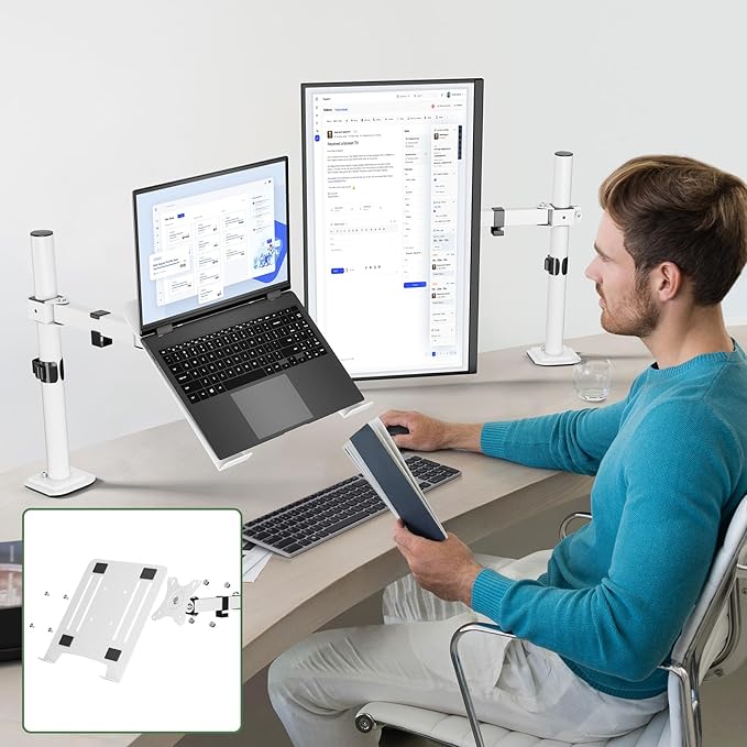 UPGRAVITY White Laptop Desk Mount with Vented Tray for Notebook up to 17 inch, Fully Adjustable Single Laptop Arm Stand Holds up to 17.6 lbs, Clamp on/Grommet Mounting