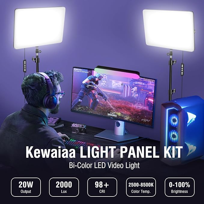 LED Video Light Kit with Adjustable Tripod Stand 63'', 2500K-8500K Dimmable Photography Lighting Continuous Studio Light for Game Streaming, YouTube