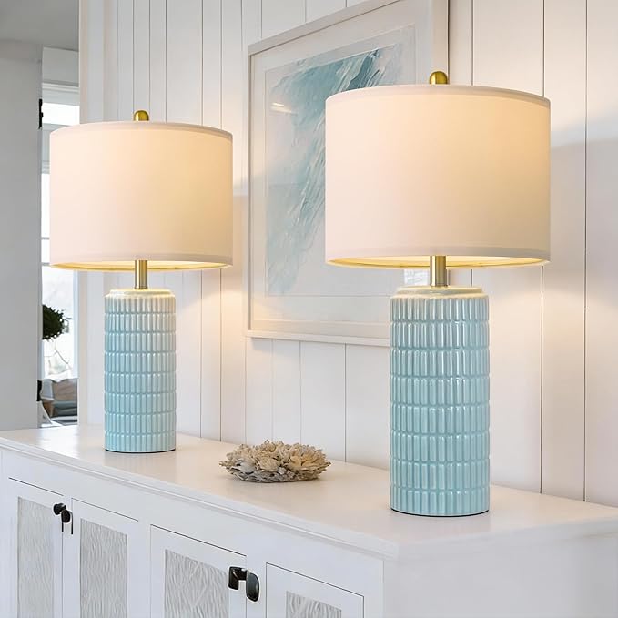 PoKat 23" Light Blue Table Lamps Set of 2, Modern Bedside Lamps for Bedroom, Coastal Ceramic End Table Lamps for Living Room, Ocean Nightstand New Home Decor Lamps