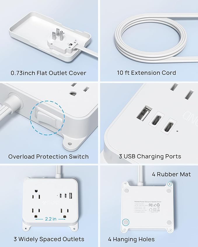 TROND Flat Power Strip with Outlet Concealer, 10FT Extension Cord with 3 Widely Spaced AC Outlets, 3 USB Charger(2 USB C Ports), Wall Mount Power Strip, Compact for Nightstand Couches Home Essentials