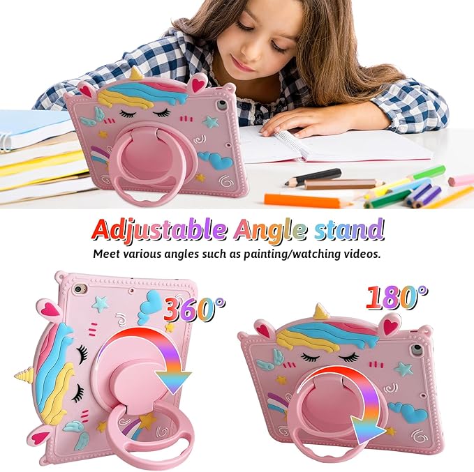 Dteck for iPad 9th/8th/7th Generation Case 10.2",Cute Cartoon Funda 3D Unique Design Light Rotating Handle Stand Shoulder Strap Soft Silicone Drop Rugged Shockproof Protective Kid-Proof Case,Unicorn