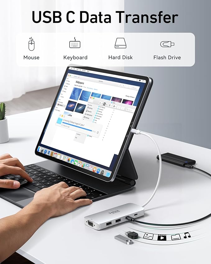 USB C Docking Station Dual HDMI Monitor Adapter, Selore USB C Hub 3 Monitors with Dual HDMI, Displayport, VGA, 100W PD Charging, 3USB 2.0 Ports Adapter for Dell XPS,HP, Lenovo,etc(Silver)