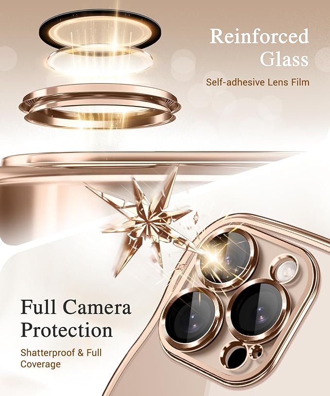 GVIEWIN for iPhone 16 Pro Case Compatible with MagSafe, Upgraded [Full Camera Protection][Cute Wave Frame][Military Grade Protection] Electroplated Soft Phone Cover for Women Girl, Clear/Rose Gold