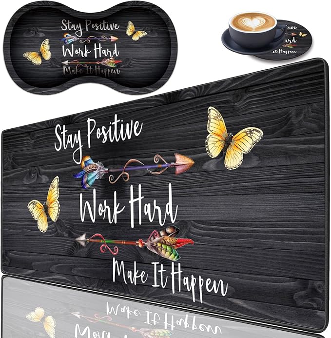 3 Piece Mouse Pad Set with Stitched Edge Large Anti-Slip Mouse Pad Desk Pad Keyboard Pad + Wrist Rest Pad + Coaster, Memory Foam Wrist Rest for Office/Home, Stay Positive Work Hard and Make It Happen