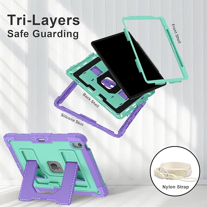 Kids Friendly Case for iPad Air 13 Inch M4 M3 M2 2026/2025/2024 Case with Pencil Holder & Shoulder Strap, Military Grade Shockproof Kickstand Hard Shell Protective Cover,Purple+Mint