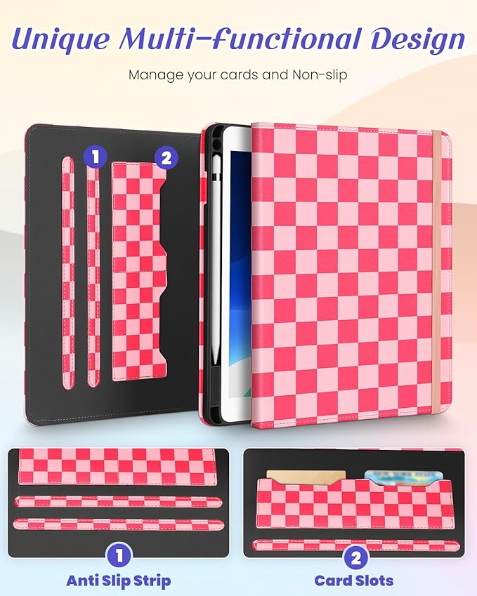 Kidcube for iPad 9th/8th/7th Generation Case 10.2 Inch - for Women Girls Cute Rotating Stand Folio Cover with Pencil Holder & Card Slot Girly Plaid Unique Design Teens for iPad 9th/8th/7th Gen Cases