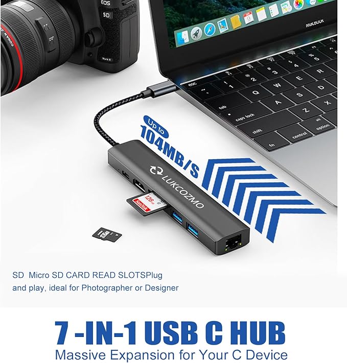 LUKCOZMO USB Hub 3.0, 7 in 1 USB Hub with 1000M Ethernet, 4K HDMI, 2 USB3.0, 100W PD, SD/TF Card Reader Docking Station Compatible with Your Cell Phone MacBook/Dell/HP/Surface/Lenovo/Steam Deck