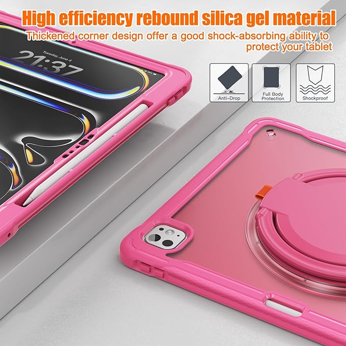 Batianda for iPad Pro 11 inch Case 2025 M5 2024 M4 Chip Lightweight Dual-Layer Protective Tablet Cover, Durable Shock-Absorbing Corners with 360° Rotating Kickstand Ring Built-in Pen Slot, Pink