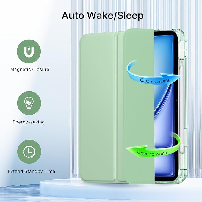 MoKo for iPad Air 11 inch Case (M4/M3/M2) 2026/2025/2024, iPad Air 5th/4th Gen 10.9 inch Case 2022/2020 with Pencil Holder, Slim Light Trifold Cover with Hard PC Translucent Back Shell, Matcha Green