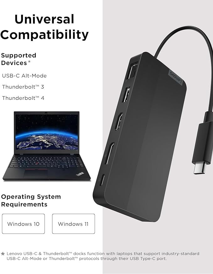 Lenovo USB-C Dual Display Travel Dock - 7 Ports, Integrated USB-C Cable, Universal Compatibility, Dual Displays at 4K - Black