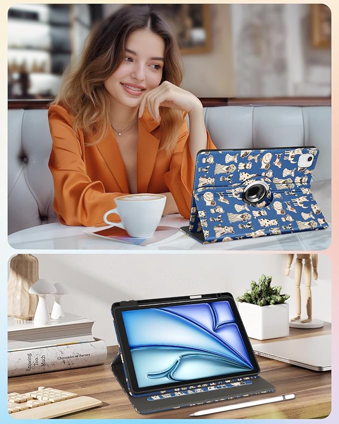 Kidcube for iPad Air 11 Inch Case M3/M2, Air 5th/4th Generation Cases 10.9'', Pro 11'' 2020 - Women Girls Kids Aesthetic Cute Rotating Stand Folio Cover with Pencil Holder & Card Slot Cool Dogs