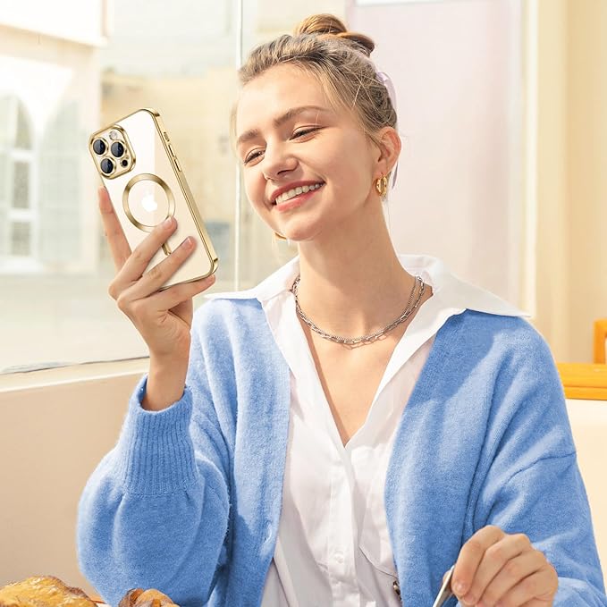 Hython Magnetic Clear for iPhone 14 Pro Max Case with Camera Lens Protector [Compatible with MagSafe] Plating Edge Slim Soft TPU Cover Protective Phone Case for iPhone 14 Pro Max 6.7", Gold