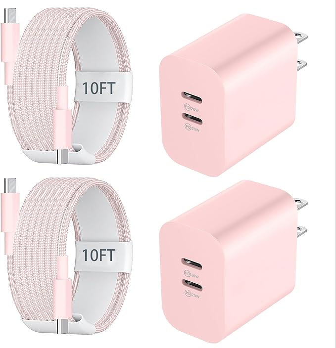 Fast Charger for 15 16 17 Pro Max, 10FT Nylon Braided USB C to C Charging Cable Cord & 20W Dual Port USB C Fast Charger Block for Phone 17 16 15 Pro Max/17 16 15/15 Plus,Air, Android Phone-Pink